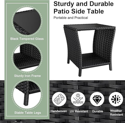 kinbor Small Outdoor Table - Tempered Glass Top Small Outdoor Wicker Side Table with Storage Shelf for Patio, Balcony & Porch, Durable PE Rattan & Iron Frame
