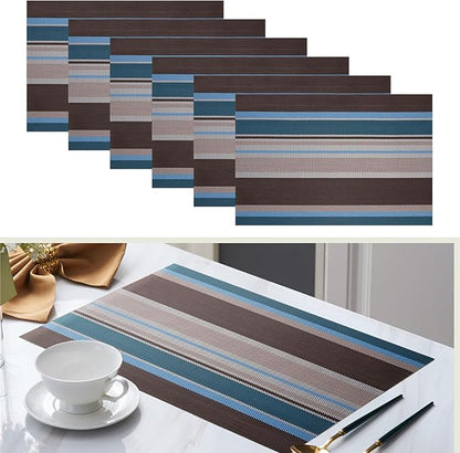 Set of 6 Colorful Striped Vinyl Placemats Heat-Resistant Washable Placemats Non-Slip Woven Table Mats Wipeable Placemat for Kitchen Dining Table Decoration Indoor Outdoor (Blue&Brown)