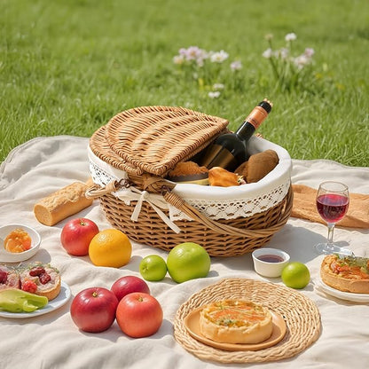 GRANNY SAYS Picnic Basket, Wicker Basket with Lid, Woven Cute Basket with Handle, Storage Basket with Washable Lining & Dual-Flid Lid, Natural Willow Picnic Hamper, White Lining