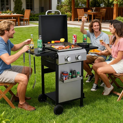 2-Burner Gas Grill, 24600 BTU Portable BBQ with Foldable Side Table & 6" Wheels, Dual-Function Cooking with Baking Rack & Flat Griddle for Outdoor, Patio, Camping & Tailgating