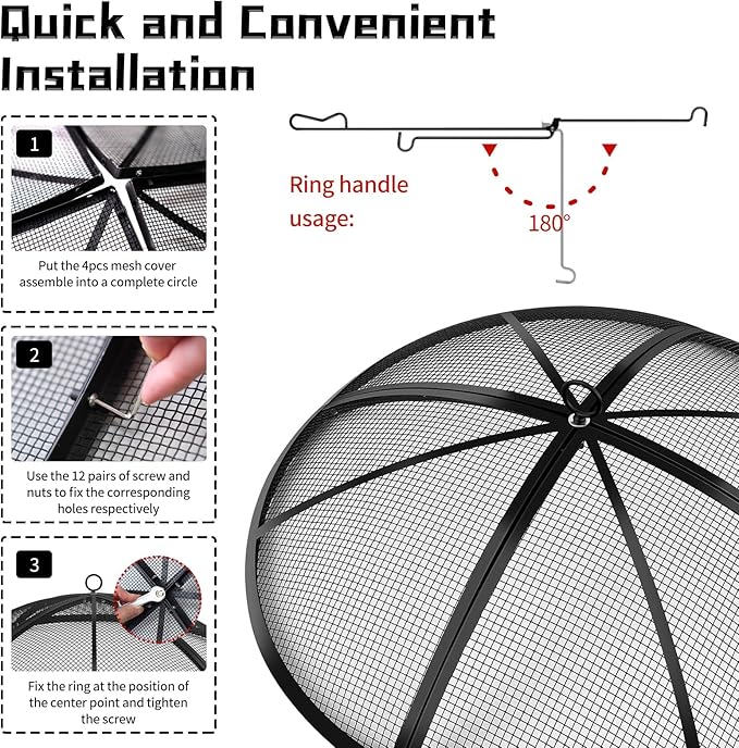 Fire Pit Spark Screen, 24 Inch Outdoor Fire Pit Screen with Foldable Hook and Marshmallow Sticks, Heavy Duty Steel Mesh Fire Pit Cover for Backyard, Beach, RV Camping
