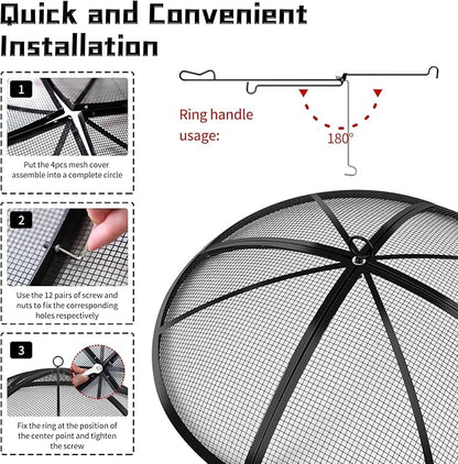 Fire Pit Spark Screen, Outdoor 30 Inch Round Fire Pit Screen with Foldable Hook and Fire Safety Gloves, Heavy Duty Steel Mesh Fire Pit Cover, Fire Pit Lid for Backyard, Beach, RV Camping