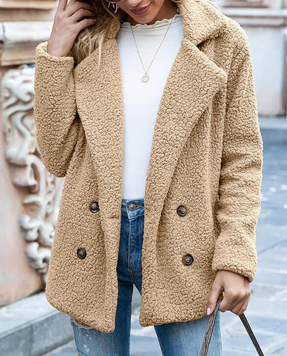 Women's Winter Warm Plush Cardigan Fuzzy Fleece Lapel Jacket with Buttons Pockets Long Sleeve Casual Outerwear