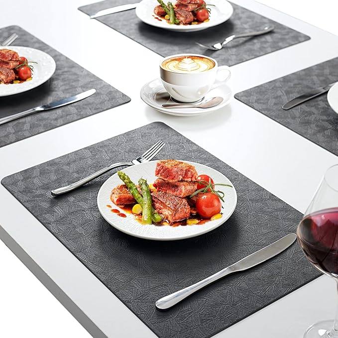 Vinyl Placemats Set of 6 Faux Leather 100% Waterproof Wipeable Washable Place Mats Heat Resistant Easy Clean Non-Slip Table Mats for Indoor Outdoor. (6,Gray)