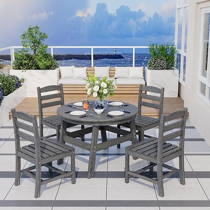 Pamapic 5 PCS Round Outdoor Dining Set, HDPE Outdoor Table and Chairs with 105° Ergonomic Backrest, Wood Grain Patio Dining Table with Umbrella Hole, Gray