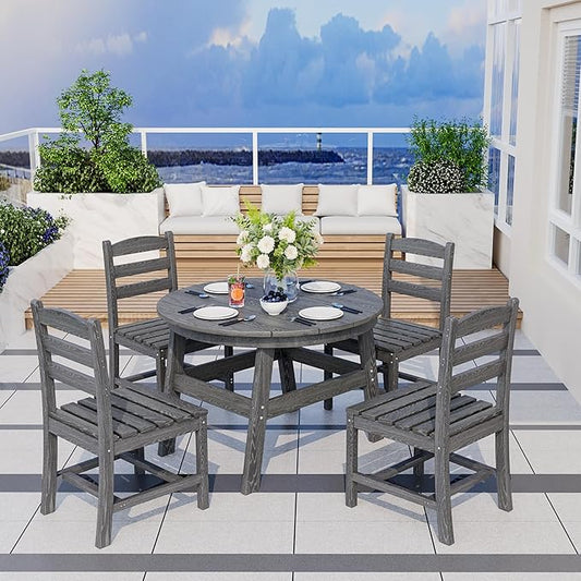 Pamapic 5 PCS Round Outdoor Dining Set, HDPE Outdoor Table and Chairs with 105° Ergonomic Backrest, Wood Grain Patio Dining Table with Umbrella Hole, Gray