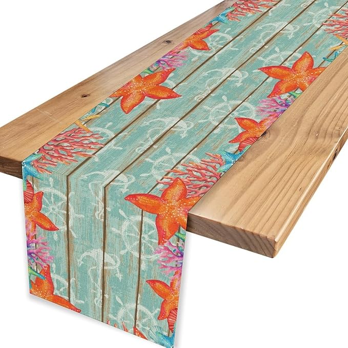 Blue Starfish Table Runner,Nautical Beach Wooden Ocean Table Runner Seasonal Holiday Home Kitchen Dining Table for Home Party Decor 13"x36"