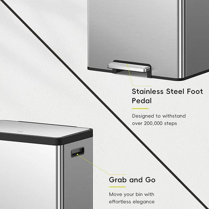 EKO EcoCasa II Rectangular Kitchen Step Trash Can, 20L+20L Dual Compartment Recycling Bins, Stainless Steel Lid and Pedal, Odor-Proof, Fingerprint Resistant