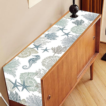 Coastal Table Runner, Summer Beach Starfish Seahorse Seashells Blue Coral Nautical Tropical Ocean Farmhouse Table Center Decor for Home Kitchen Dining Patio Indoor Outdoor Decorations, 13"x72" Inch