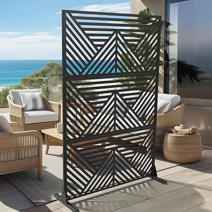 Casaphoria 72" H x 47" W Metal Outdoor Privacy Screen, Freestanding Decorative Divider for Patio, Deck, Balcony, and Garden with Stable Base, Black Zodiac