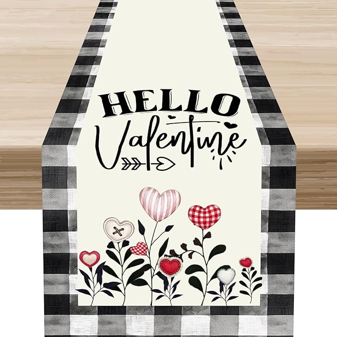 Valentines Day Table Runner,Vintage Rustic Black White Red Heart Buffalo Plaid Table Center Decor for Family Kitchen Living Room Outdoor Farmhouse Party Table Decorations, 13"x72"