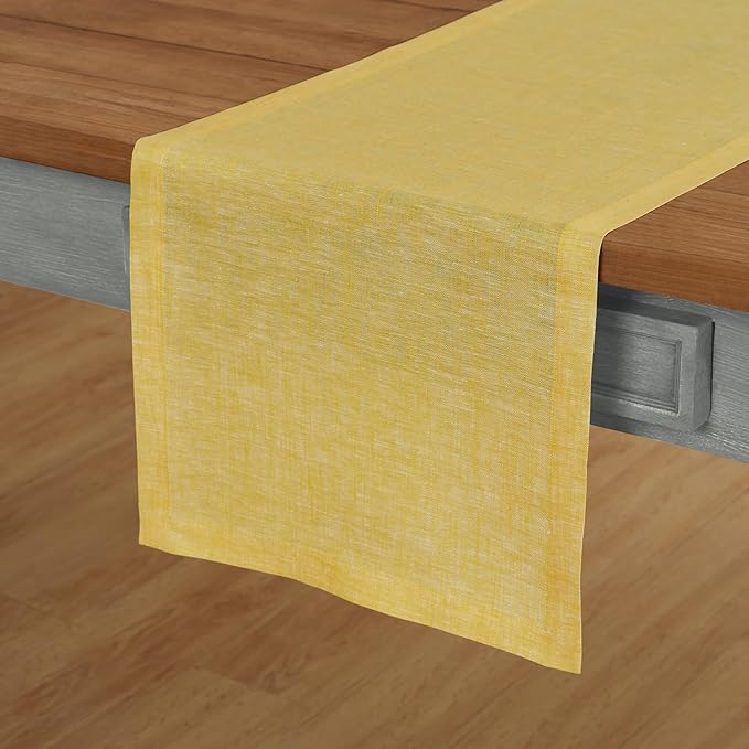 Solino Home Linen Table Runner 120 Inches Long - Athena, 100% Pure Linen Chambray Lemon Yellow 14 x 120 Inch Table Runner for Spring, Easter