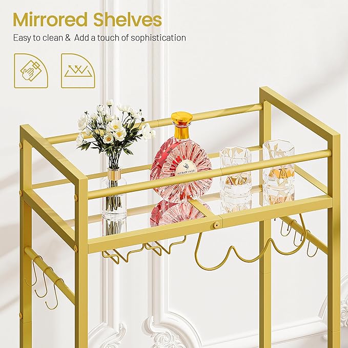 Bar Cart, Serving Cart for Home, Microwave Cart, Drink Cart, Wine Cart with 2 Mirrored Shelves, Wine Holders, Glass Holders, for Kitchen, Dining Room(Gold)