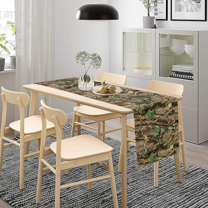 Forest Camouflage Table Runner, Camo Conifer Oak Branches Mossy Hunting Lodge Camp Cabin Table Runner for Kitchen Dining Room Party Camping 13x60in