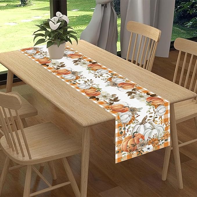 Fall Table Runner, Farmhouse Autumn Pumpkin Harvest Orange Buffalo Plaid Thanksgiving Rustic Coffee Table Center Decor for Home Kitchen Dining Patio Holiday Party Indoor Outdoor, 13"x72" Inch
