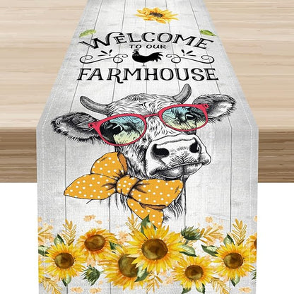 Farmhouse Cow Table Runner, Rustic Yellow Sunflower Floral Buffalo Animals Spring Coffee Farm Table Center Decor for Family Kitchen and Living Room Country Holiday Party Table Decorations, 13" X 90"