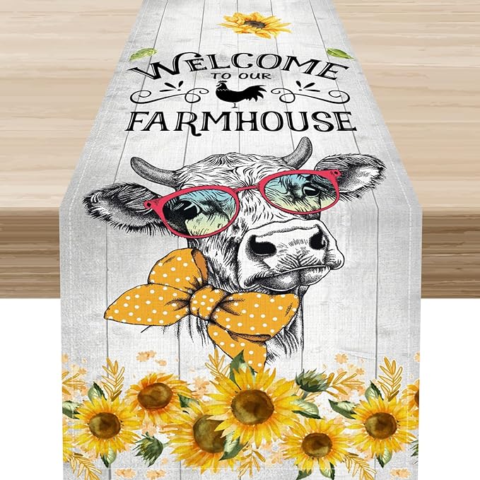 Farmhouse Cow Table Runner, Rustic Yellow Sunflower Floral Buffalo Animals Spring Coffee Farm Table Center Decor for Family Kitchen and Living Room Country Holiday Party Table Decorations, 13" X 36"