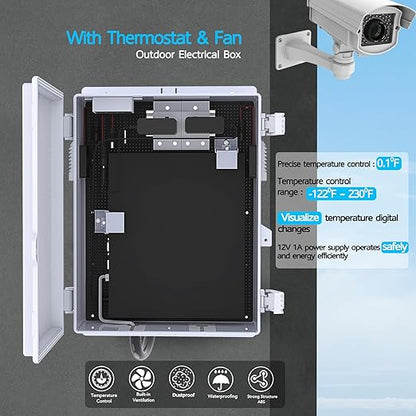 Outdoor Electrical Box, Waterproof Electrical Junction Box IP65 ABS Plastic Enclosure with Fan & Thermostat, Mounting Plate and Hinged Lid (15.7" H x 11" L x 5.9" W)