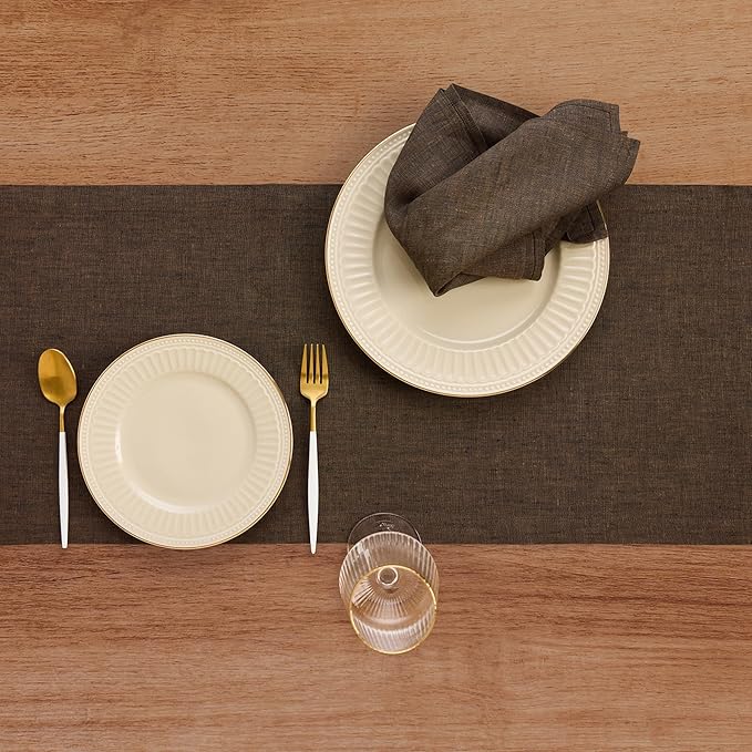 Solino Home Linen Table Runner 90 Inches Long - Athena, 100% Pure Linen Chambray Brown Table Runner 14 x 90 Inch for Dining, Winter