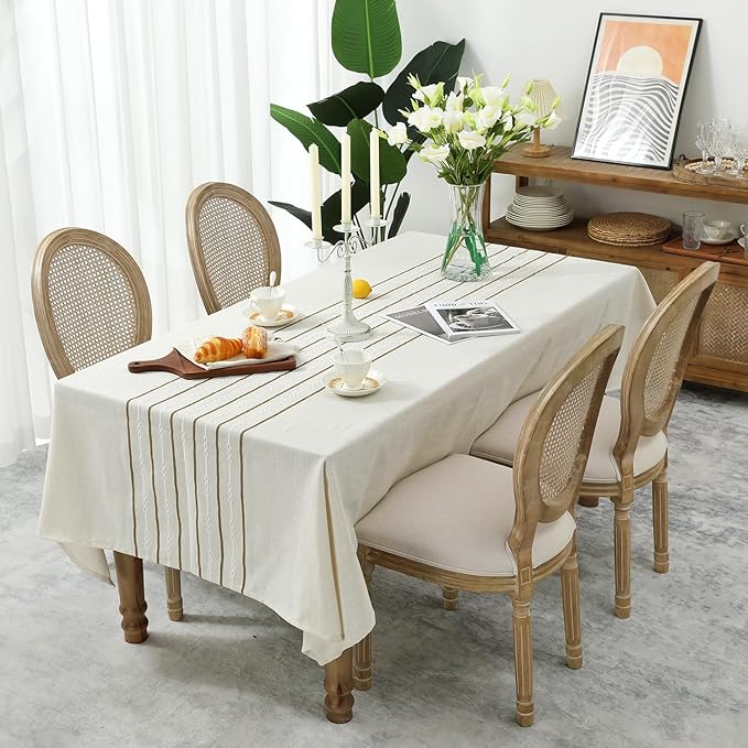 Chassic 60 x 104 inches Farmhouse Style Linen Tablecloths, Boho 6 Foot Wrinkle Resistant Washable Rectangle Table Cloth for Dining Room, Kitchen, Wedding and Holiday Decorative - Cream