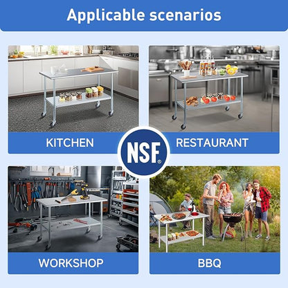 Stainless Steel Table for Prep & Work with Caster & Backsplash 24x72 Inches, NSF Metal Commercial Kitchen Heavy Duty Table with Adjustable Under Shelf and Table Foot for Restaurant, Home and Hotel
