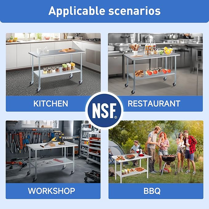 ROCKPOINT Stainless Steel Table for Prep & Work 30x30 Inches, NSF Metal Commercial Kitchen Heavy Duty Table with Adjustable Under Shelf and Table Foot for Restaurant, Home and Hotel