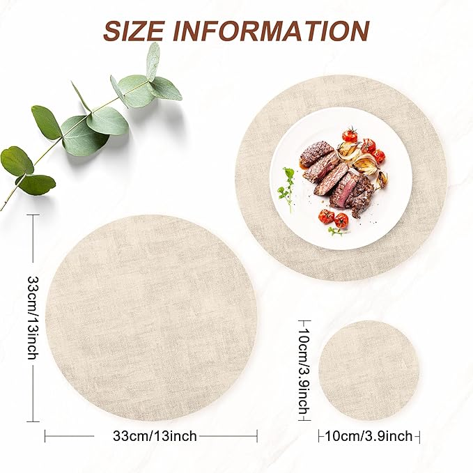 Round Faux Leather Placemats and Coasters, Set of 4, Reversible Heat Resistant Non-Slip Table Mats, Waterproof Wipeable Place Mats for Dining Table, Washable for Indoor & Outdoor (4, Beige)
