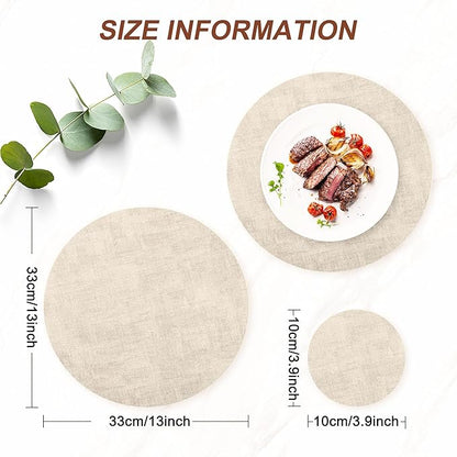 Round Faux Leather Placemats and Coasters, Set of 4, Reversible Heat Resistant Non-Slip Table Mats, Waterproof Wipeable Place Mats for Dining Table, Washable for Indoor & Outdoor (4, Beige)