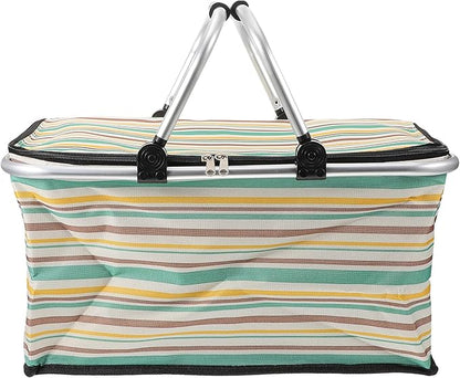 GALPADA Insulated Picnic Basket Multi-Function Cooler Bag for Outdoor Dining Foldable Thermal Tote Thick Aluminum Film Yellow-Green Pattern Without Ice Pack