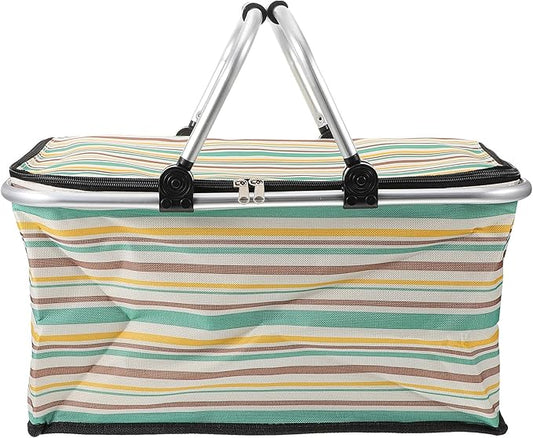 GALPADA Insulated Picnic Basket Multi-Function Cooler Bag for Outdoor Dining Foldable Thermal Tote Thick Aluminum Film Yellow-Green Pattern Without Ice Pack