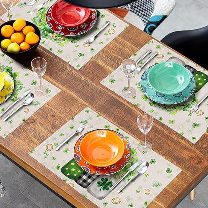 Giwawa 12"x18" Patrick Vases Placemats Set of 4 Lucky Shamrocks Horseshoes Mason Jars Place Mat Spring Clovers Leaf Elf Hat Washable Linen Table Mats for Party Kitchen Dining Holiday Decor