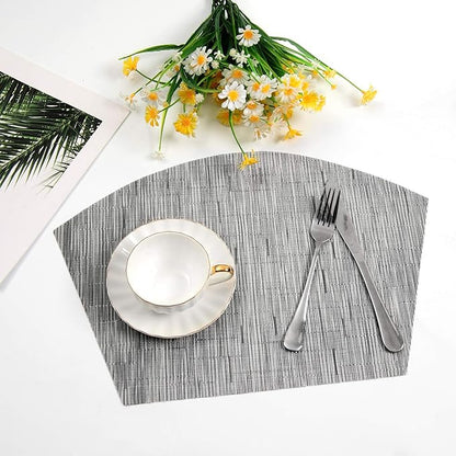 SHACOS Small Round Table Placemats Set of 4 Wedge Placemats Heat Resistant Woven Vinyl Table Mats Wipe Clean (4, Silver Gray)