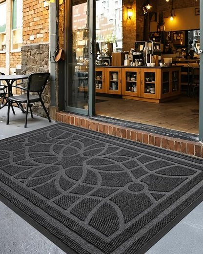 DEXI Front Door Mat Outside Entrance, Heavy Duty Non Slip Low Profile Doormat for Entryway, Trap Dirt and Moisture Welcome Mats, Easy Clean, Patio, Garage, 6x4, Grey