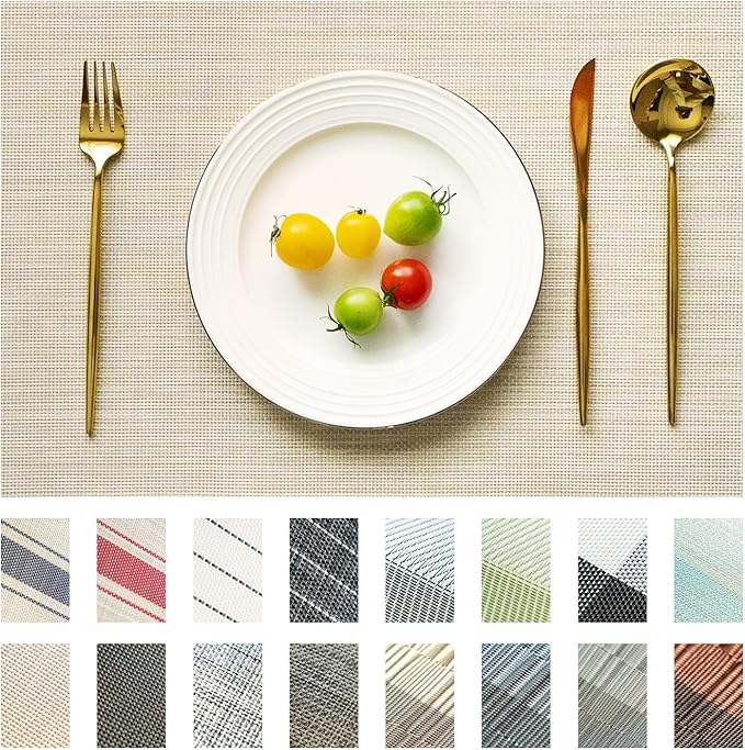 Placemats Set of 4 Vinyl/Plastic Woven Place Mats for Kitchen Table Indoor/Outdoor Washable Placemat Wipeable Dining Table Mats (Beige,4)