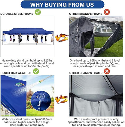 COBIZI 10x30 Pop up Canopy Tent 10x30 Canopy with Sidewall Waterproof Heavy Duty Commercial for Parties Outdoor Garden Gazebo Tent, Carry Bag with Wheel(10x30ft with Sidewalls,Dark Blue)