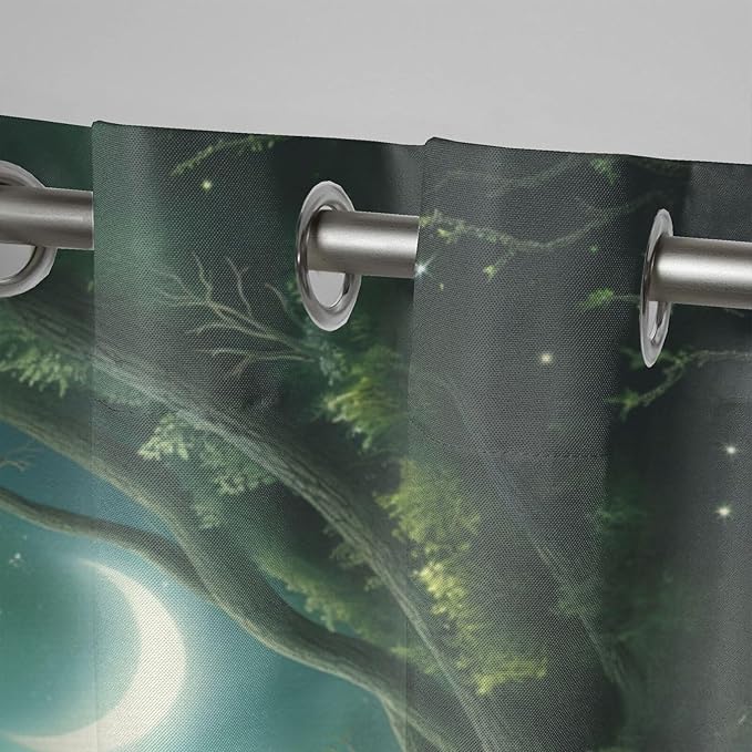Forest Theme Waterproof Indoor/Outdoor Curtains,Trees Moon Lake Pattern,Weatherproof Outside Curtain for Cabana, Porch, Pergola and Gazebo,2 Panel,54 x 96 inch,Green