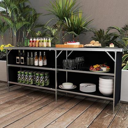 Giantex 81" Extra Long Portable Bar Table with 2-Tier Storage Shelves, Folding Mobile Bartending Station with Removable Skirt, Carry Case, for Events, Parties, Trade Shows (Black, 81''L x 32.5''H)