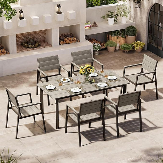 Outdoor Dining Set for 6, Patio Table and Chairs Set with Umbrella Hole, 7 Pieces HDPS + Aluminum Outdoor Furniture Sets for Patio, Garden (Gray)