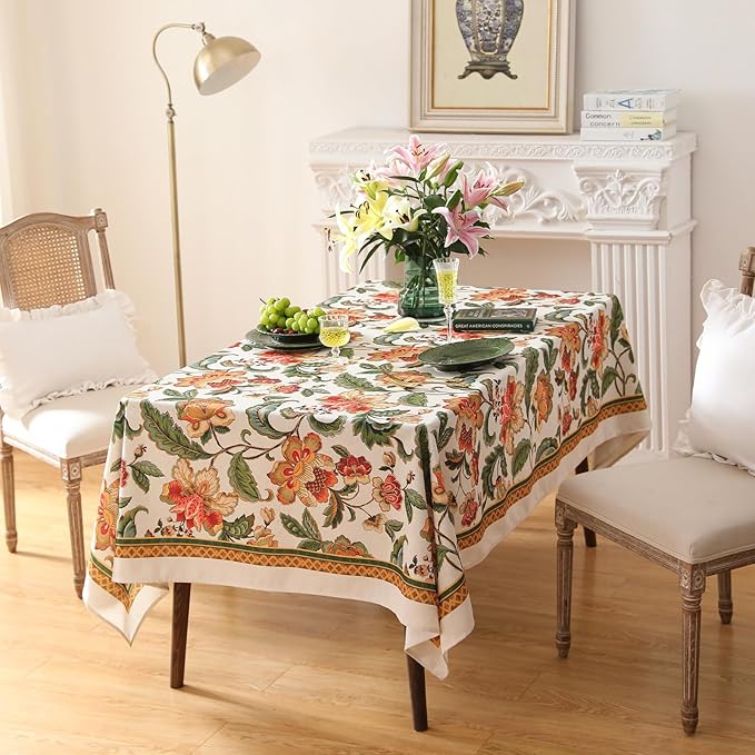 patdrea Designer Vintage Linen Rectangular Tablecloth,Provencal Rustic Floral Pattern Tablecloths,Decorative Table Cover Cloth for Kitchen,Dining,Tea Party,Home,Christmas,55"*79"