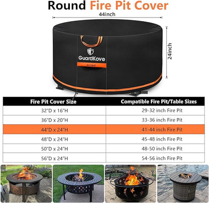 [Upgraded 1000D Heavy Duty Fabric] 44” Fire Pit Cover Round for 42”- 44” Fire Pit/Tables, Waterproof Tear & Fade Resistant Firepit Cover with Buckle, Handle, Drawstring, Air Vent (44”D x 24”H,Black)