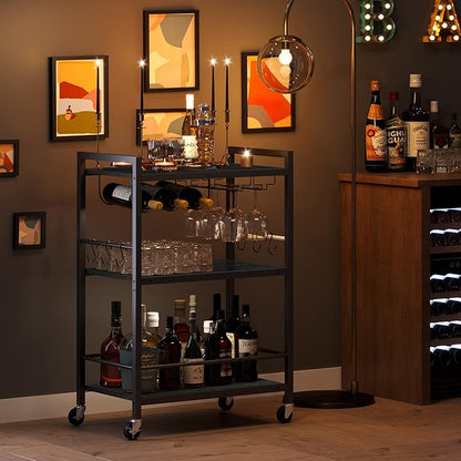 TUTOTAK Bar Cart - Serving Cart for Home - Microwave Cart, Drink Cart, Mobile Kitchen Shelf with Wine Rack and Glass Holder, Rolling Beverage Cart BC01BK030