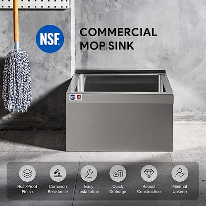 WILPREP Commercial Mop Sink, 19x16x8 Inch 304 Stainless Steel Utility Sink with Strainer & X-Shaped Floor Guides for Kitchen Laundry Garage Pet Salon