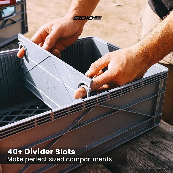 SIDIO Full-Size Collapsible Crate - Heavy Duty Stackable Storage Bin with Lid & 2 Short-Ways Dividers, Durable Plastic Organizer for Home, Office, Garage & Outdoor Use (Slime)
