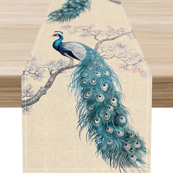 Peacock Table Runner,Retro Rustic Traditional Chinese Style Blossom Branch Table Runner Decor for Home Kitchen Dining Patio Holiday Party Indoor Table Decorations, 13"x36"