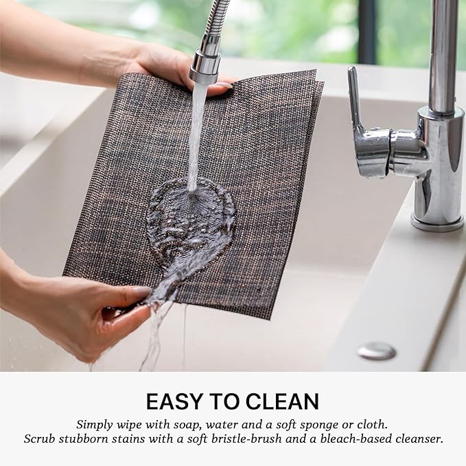 LEXMORE Placemats Set of 8 Vinyl/Plastic Woven Place Mats for Kitchen Table Indoor/Outdoor Washable Placemat Wipeable Dining Table Mats(Black/Brown)