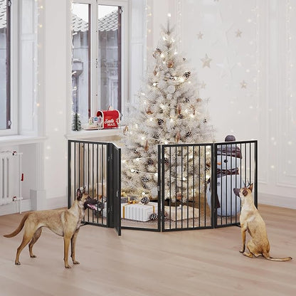 Vantas Folding No-Assembly Metal Pet Gate 80" Wide, 24" Extra Tall Dog Gate with Door Walk Through, Freestanding Accordion Puppy Gate Dog Door for Indoor & Outdoor, with 2PCS Support - Black