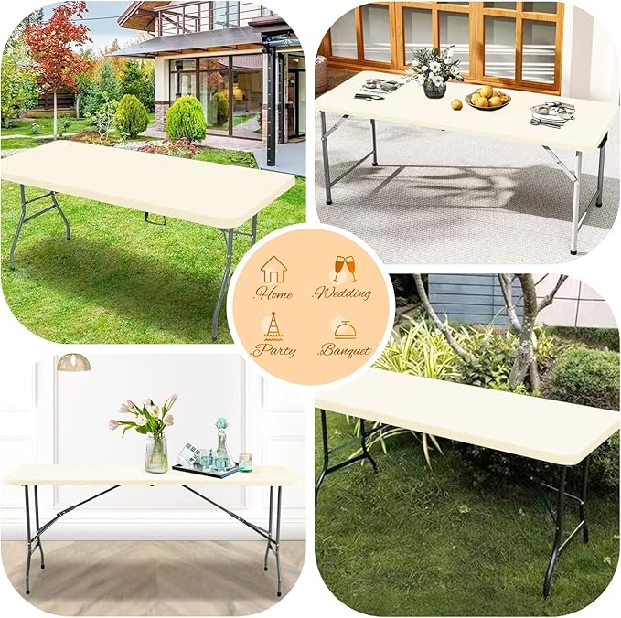 10 Pack Stretch Fabric Table Top Cap Cover, Ivory Table Covers fits 8Ft Tables, Washable Elastic Universal Rectangle Tablecloth Protector for Indoor Outdoor Party Picnic Wedding (30" W x 96" L)