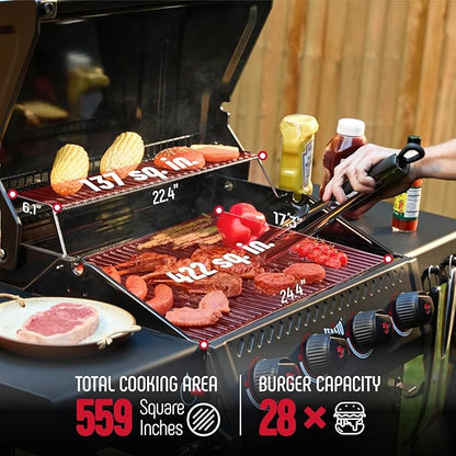 4-Burner Gas BBQ Grill with Side Table, 36,000 BTU Outdoor Propane Grill with Enameled Coated Chamber Body, Premium Porcelain-Enameled Grates for Backyard, Patio, Camping Barbecue, Black