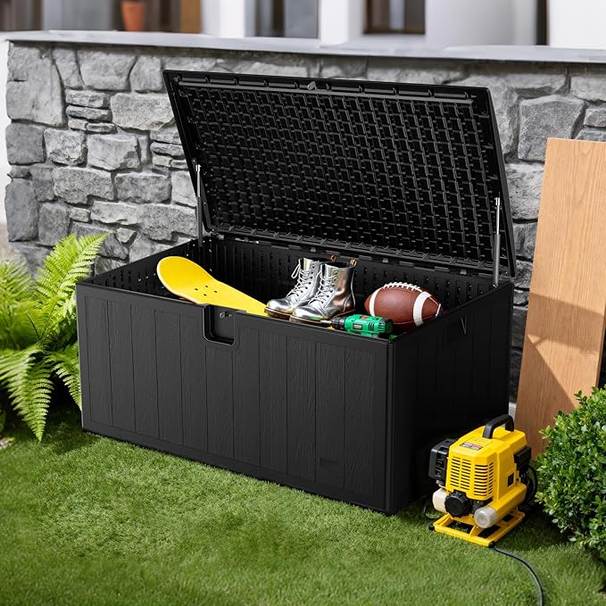 JEKO&JEKO 205 Gallon Outdoor Storage Box Set, 2-Pack (75 Gallon & 130 Gallon) Deck Boxes with Lockable Lid for Patio and Garden, Black