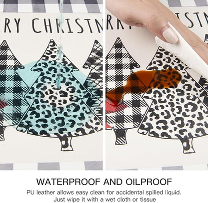 QIYI Christmas Placemats Set of 6, 12x18 Inch PU Leather Place Mats for Kitchen Dinning, Heat Resistant Anti Slip Buffalo Plaid Table Mats, Waterproof Washable Placemat Party Table Décor, Xmas Trees